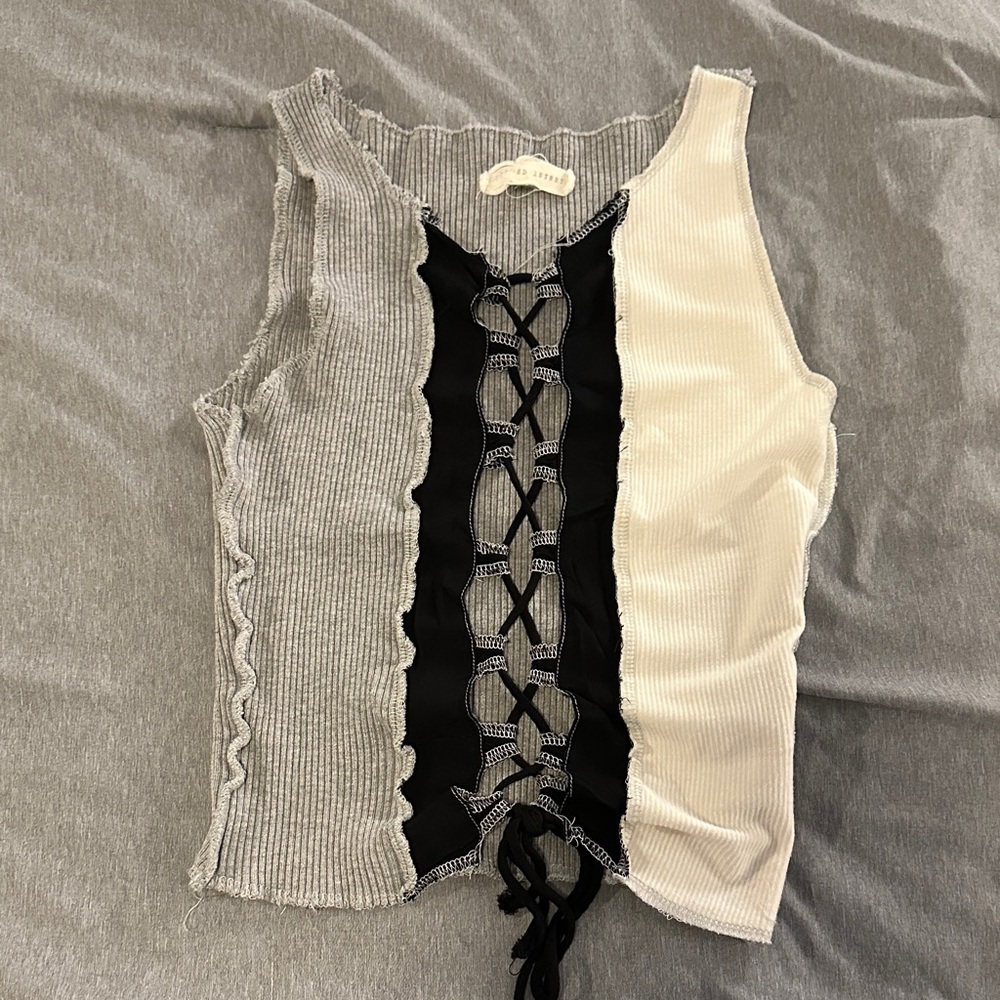 Gilded Intent Black and Cream Lace-Up Tank Top